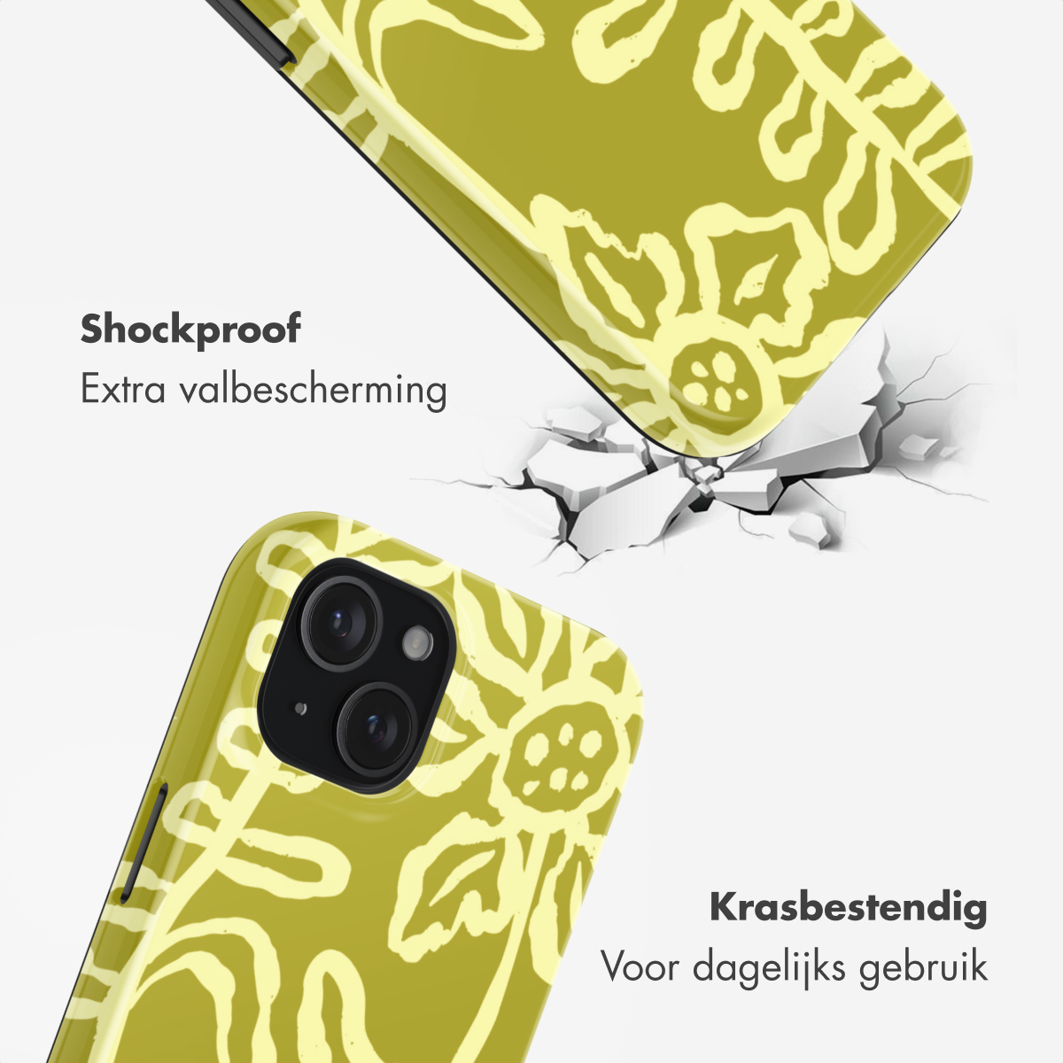 Een gele telefoonhoes met bloemenpatroon valt op witte scherven.