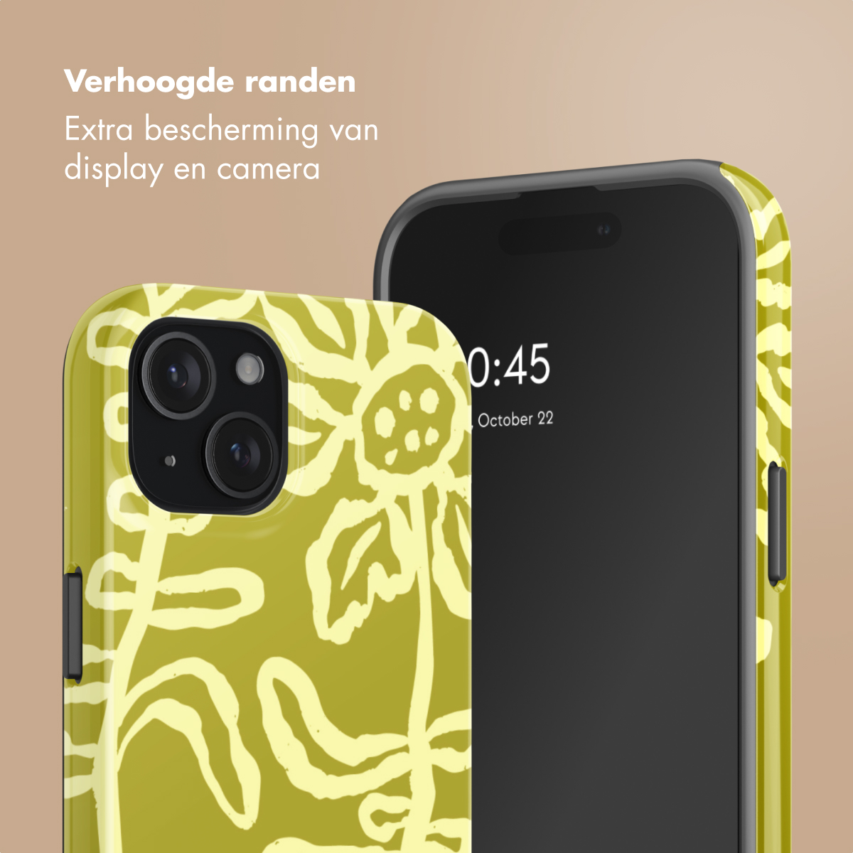 Een iPhone met hoesje met zonnebloemprint. Verhoogde randen.