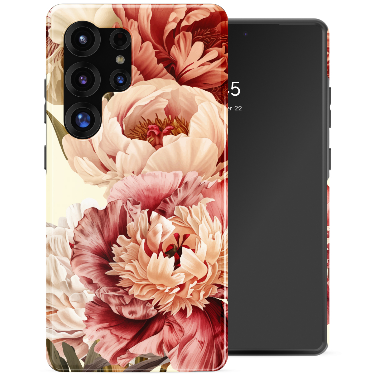 Een smartphone met een hoesje met grote, gedetailleerde pioenrozen in rood, roze en crème.