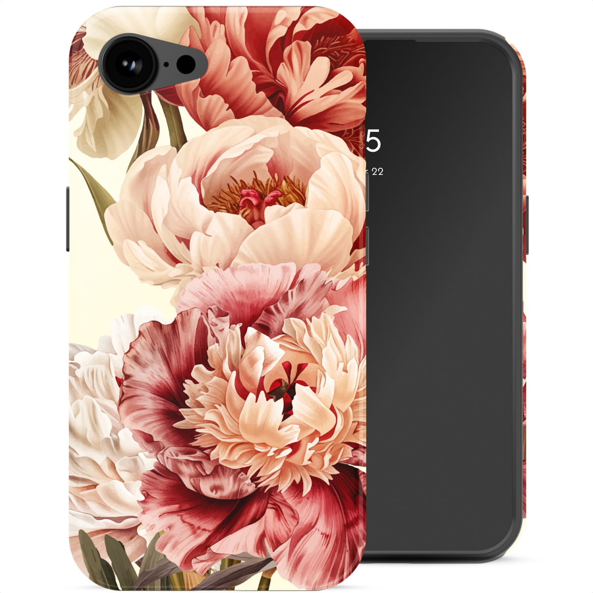 Een telefoonhoesje met een zacht, geschilderd pioenrozenpatroon in roze en rode tinten.