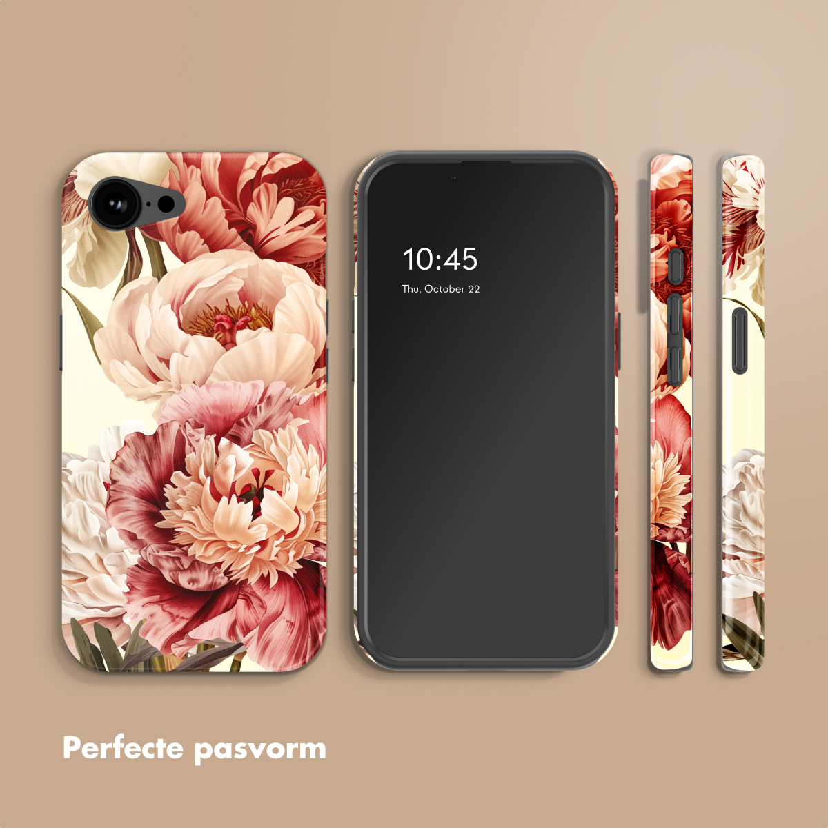 Telefoonhoesje met grote roze en witte pioenrozen. Telefoonscherm toont 10:45.