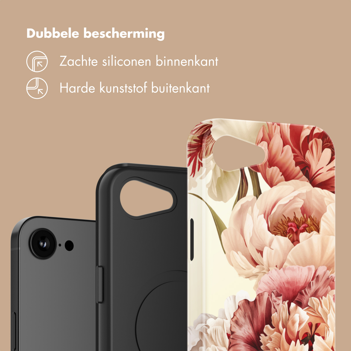 Telefoonhoesje met bloemenpatroon en twee zwarte hoesjes ernaast.