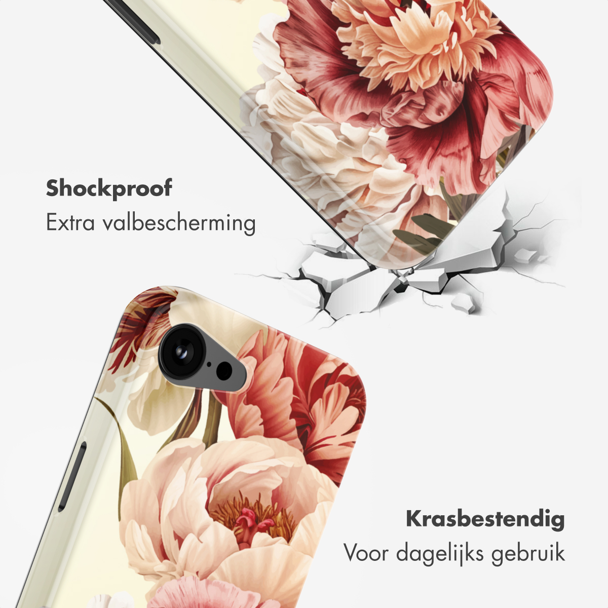 Twee telefoonhoesjes met bloemenprint, één met 'Shockproof' tekst.