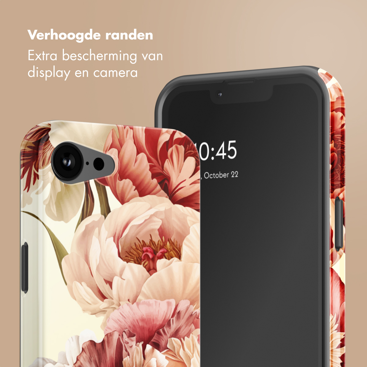 Een telefoon met bloemenhoes, beschermt display en camera.