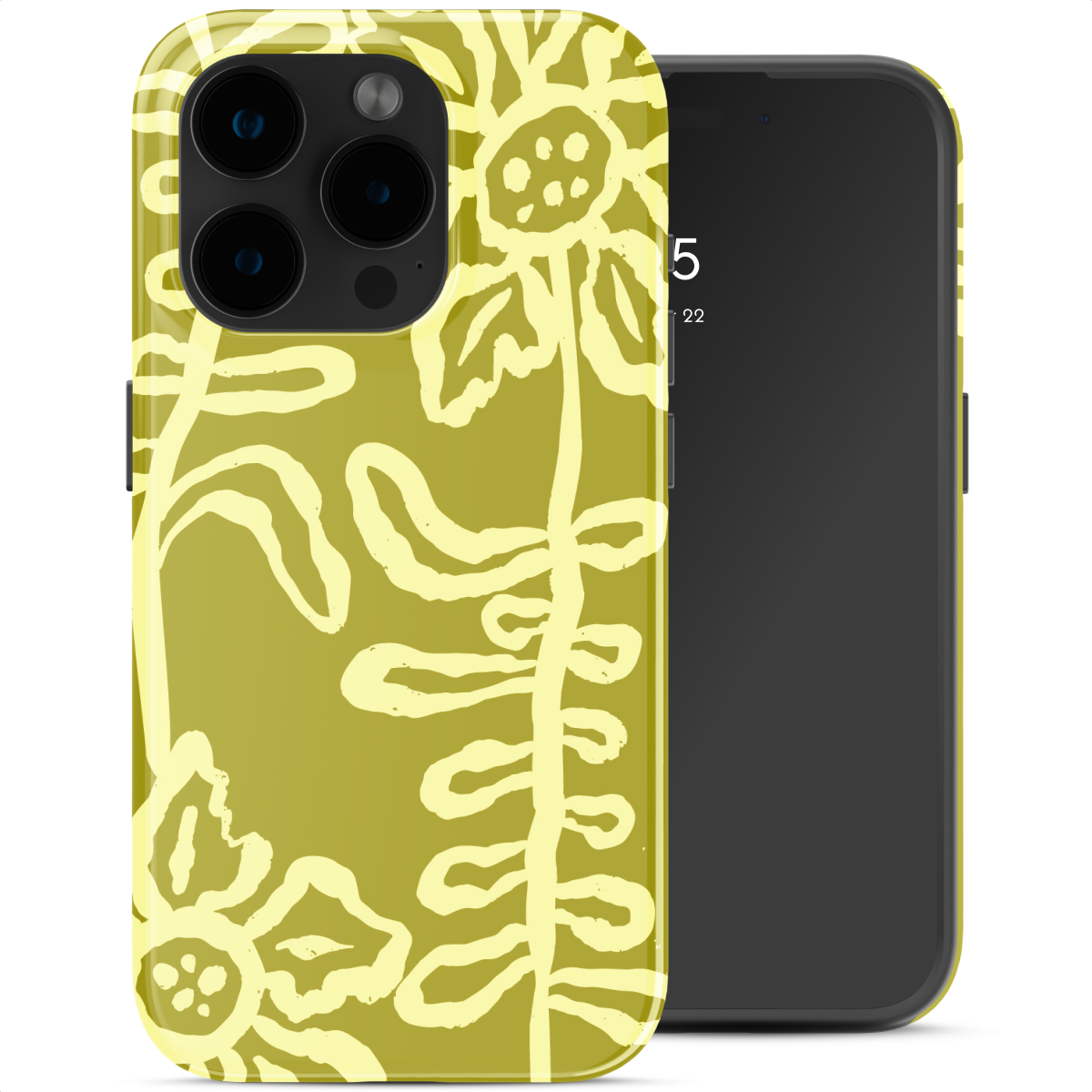 Una custodia per telefono verde oliva con motivo floreale giallo e un telefono nero.