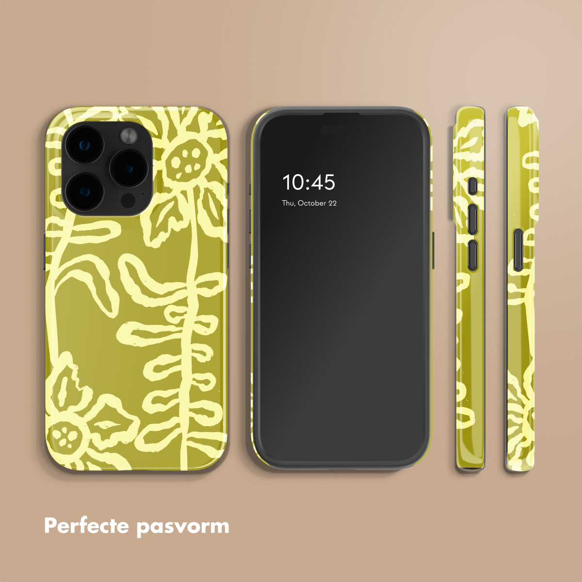 Un telefono con una custodia a motivo floreale giallo. Accanto, il telefono e altre due viste della custodia.