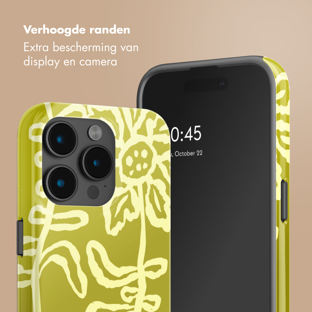 Una custodia gialla per telefono con motivo floreale e il retro di un telefono.