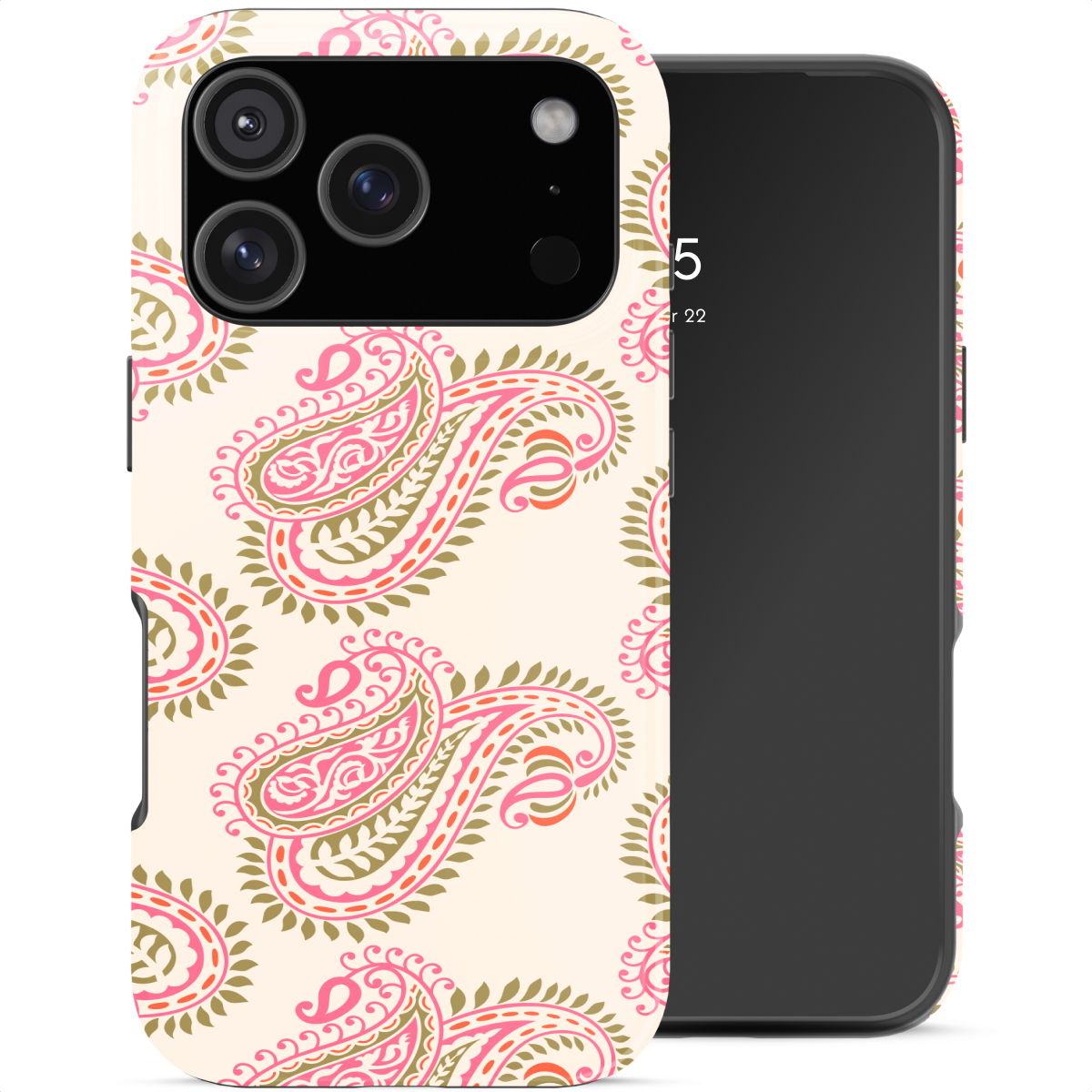 Een telefoonhoes met paisley-patroon en cameralens.