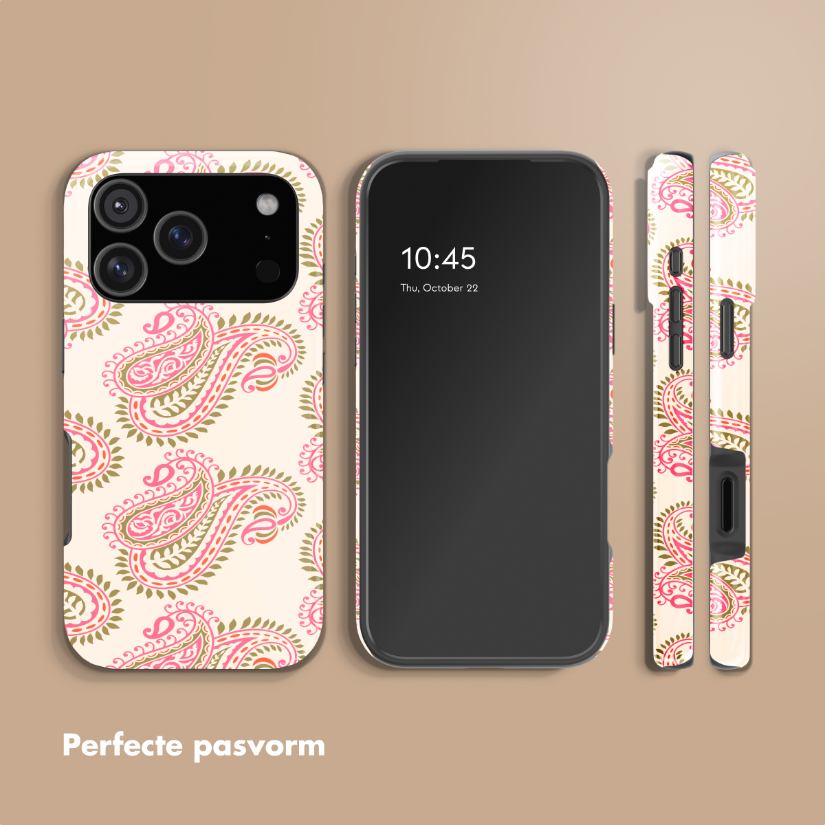 Telefoonhoesje met paisley patroon, telefoon en zijaanzicht.