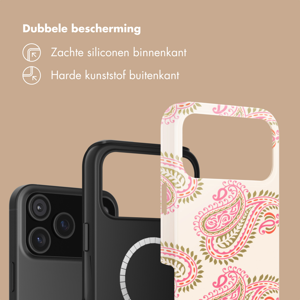 Due custodie per telefono: una nera e una con motivo paisley.