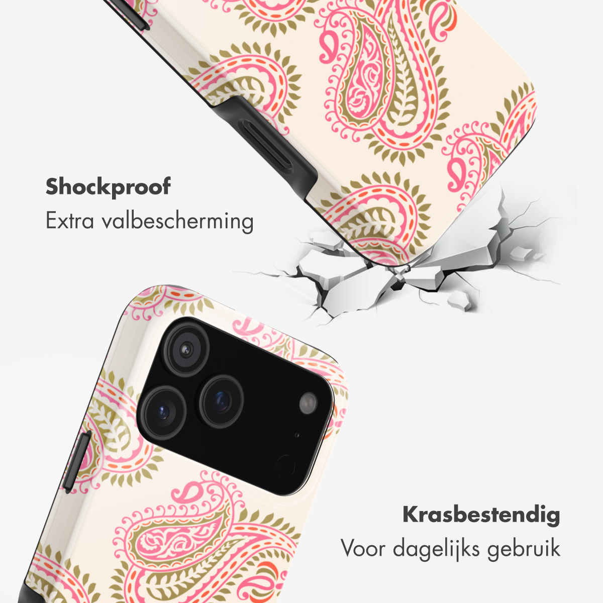 Telefoonhoes met roze en groen paisley patroon op lichte achtergrond. Schokbestendig en krasbestendig.