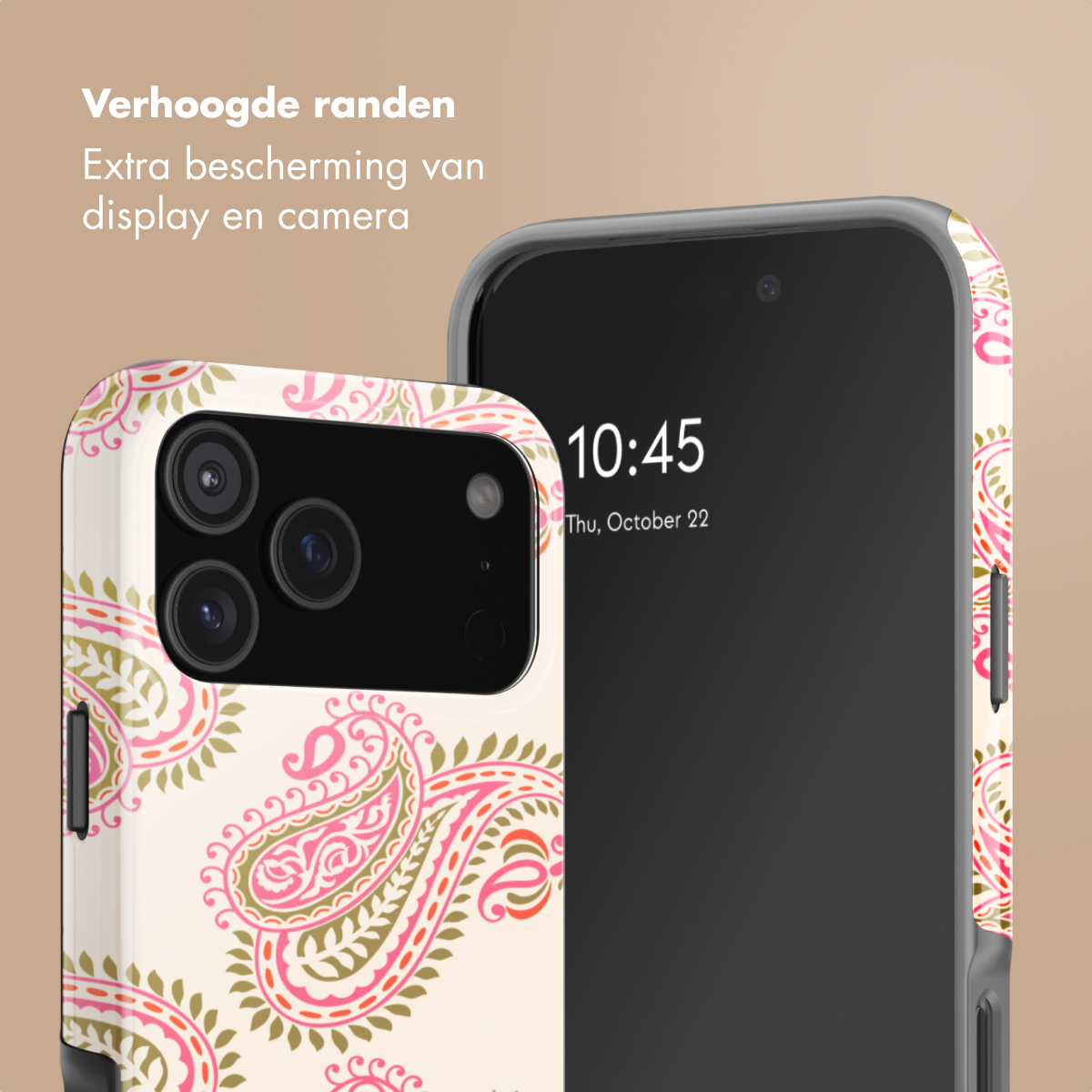 Telefoonhoes met paisley-patroon, drievoudige camera, tijd 10:45.