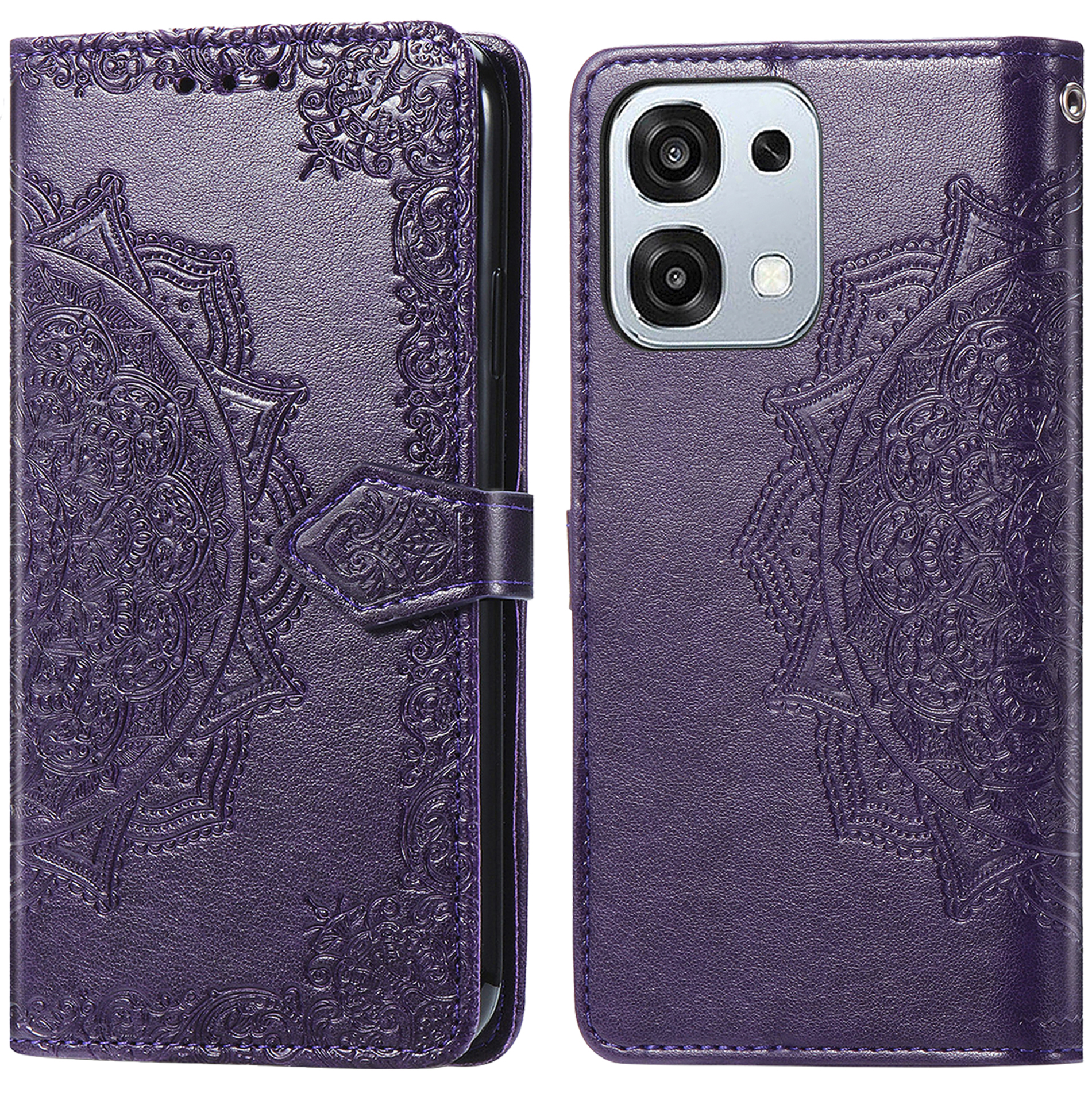 Étui de téléphone en cuir violet avec motif mandala.