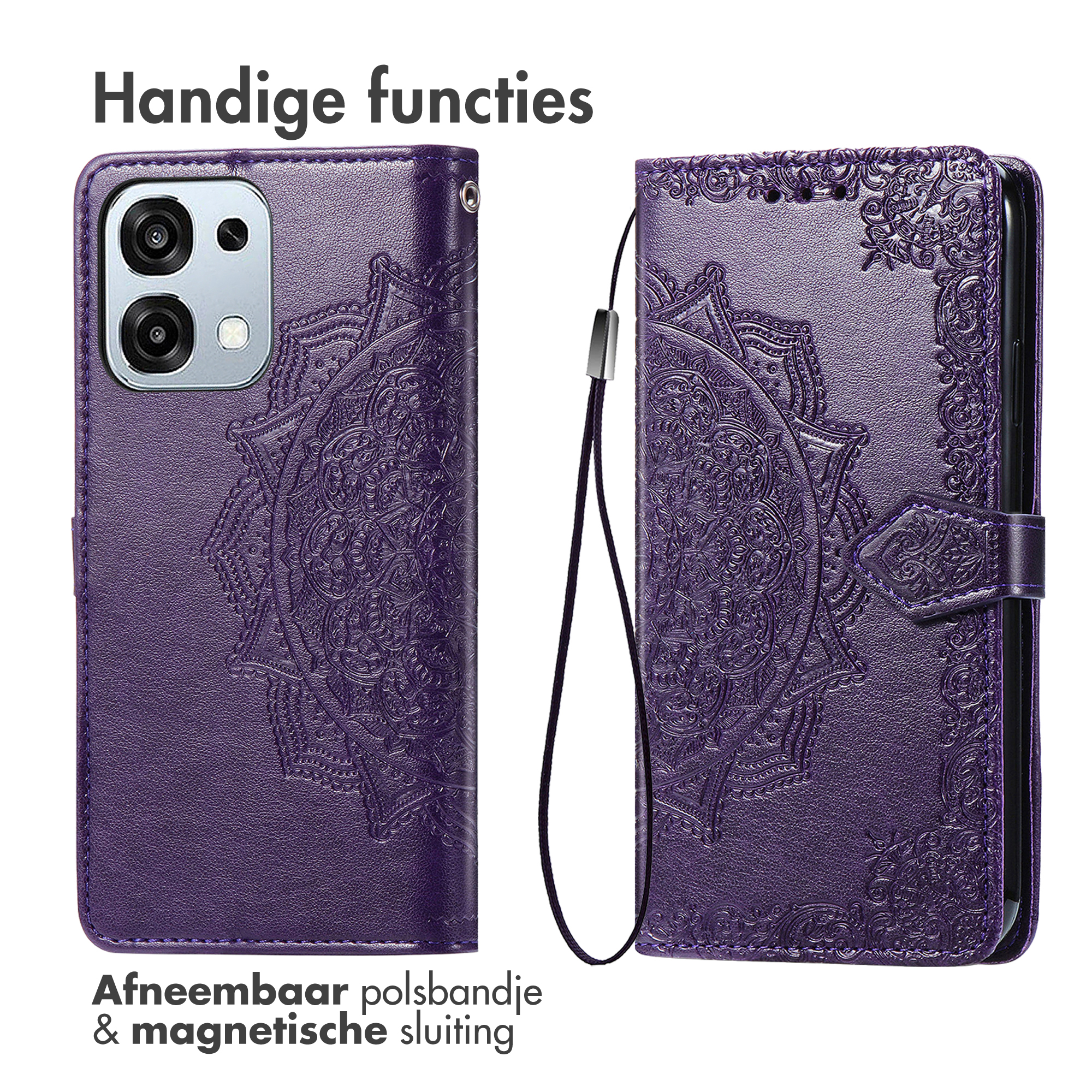 Étui de téléphone violet avec mandala en relief, découpe caméra et dragonne.