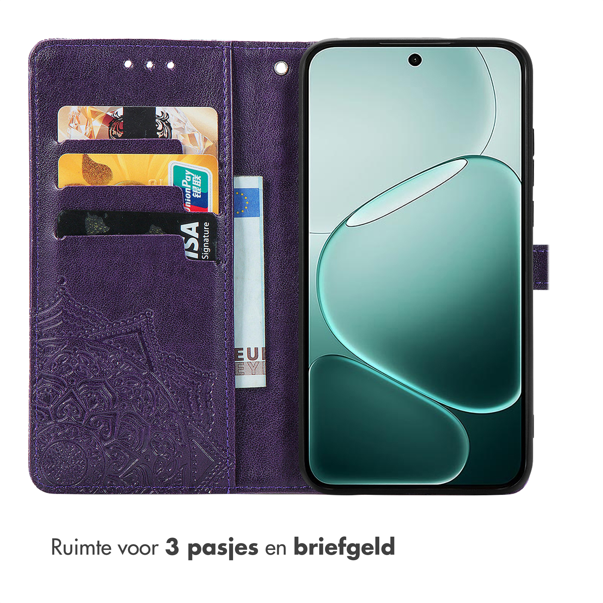 Étui de téléphone violet avec fentes pour cartes et poche à billets, ouvert.