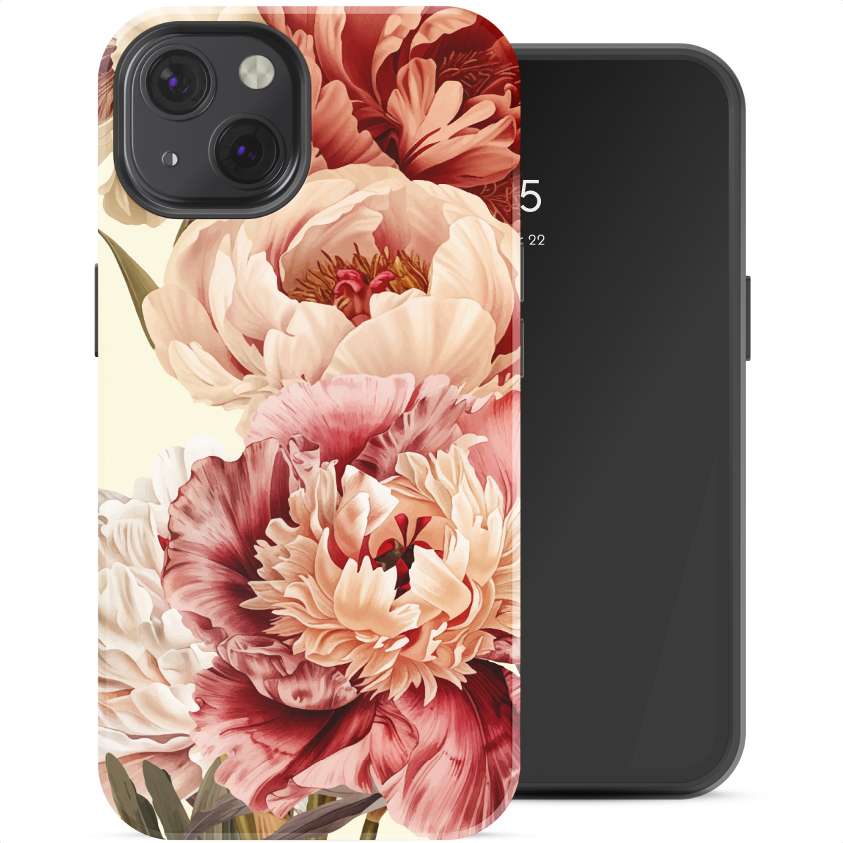 Cover per smartphone ornata da peonie nei toni del rosso, rosa e crema.
