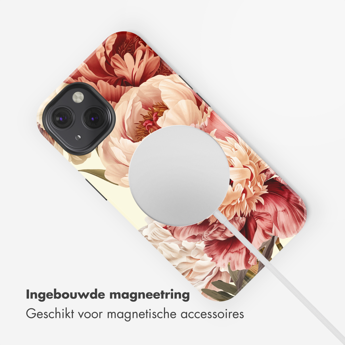 Custodia iPhone con motivo floreale e anello MagSafe, ricarica wireless.