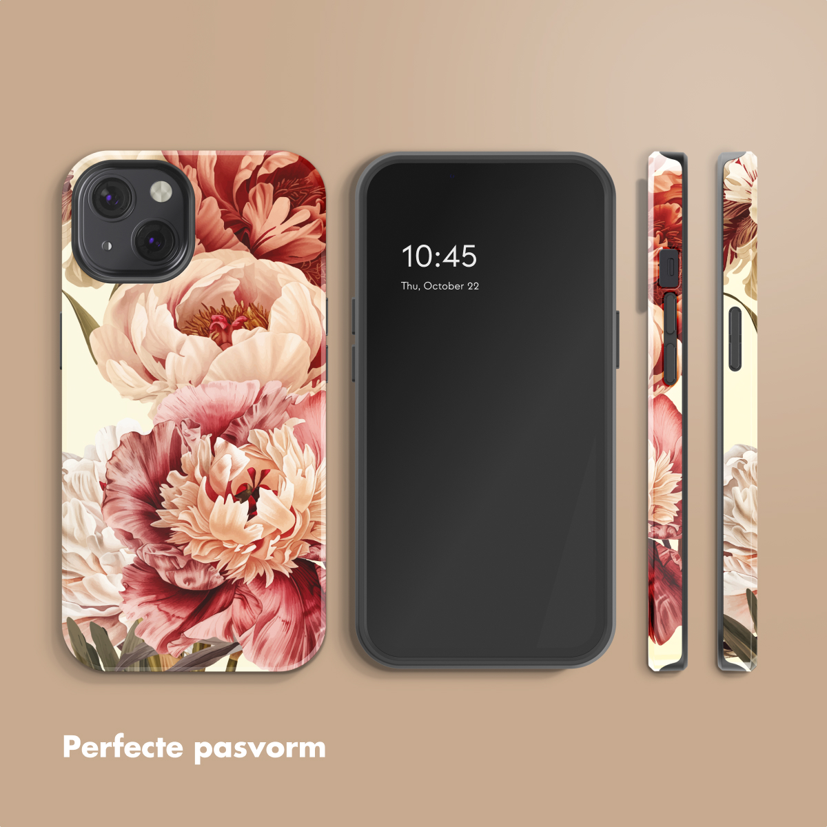 Smartphone nero con custodia floreale, viste frontale e laterali.