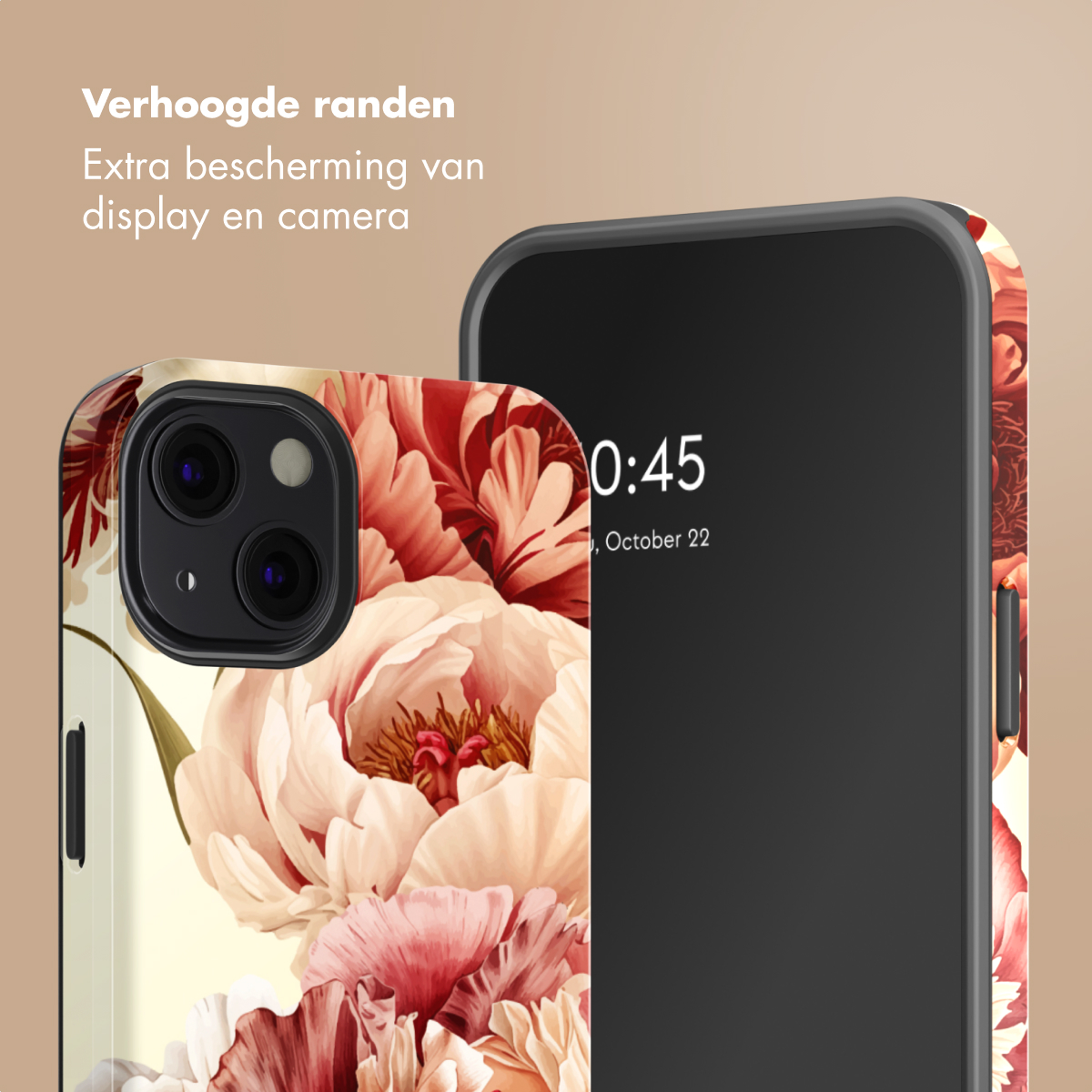 Uno smartphone con cover a fantasia floreale. Bordi rialzati proteggono fotocamera e display.