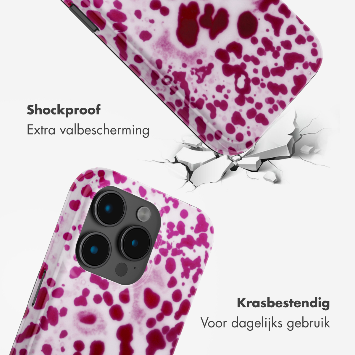 Un design di cover per telefono marmorizzato rosa mostra caratteristiche antiurto e antigraffio.