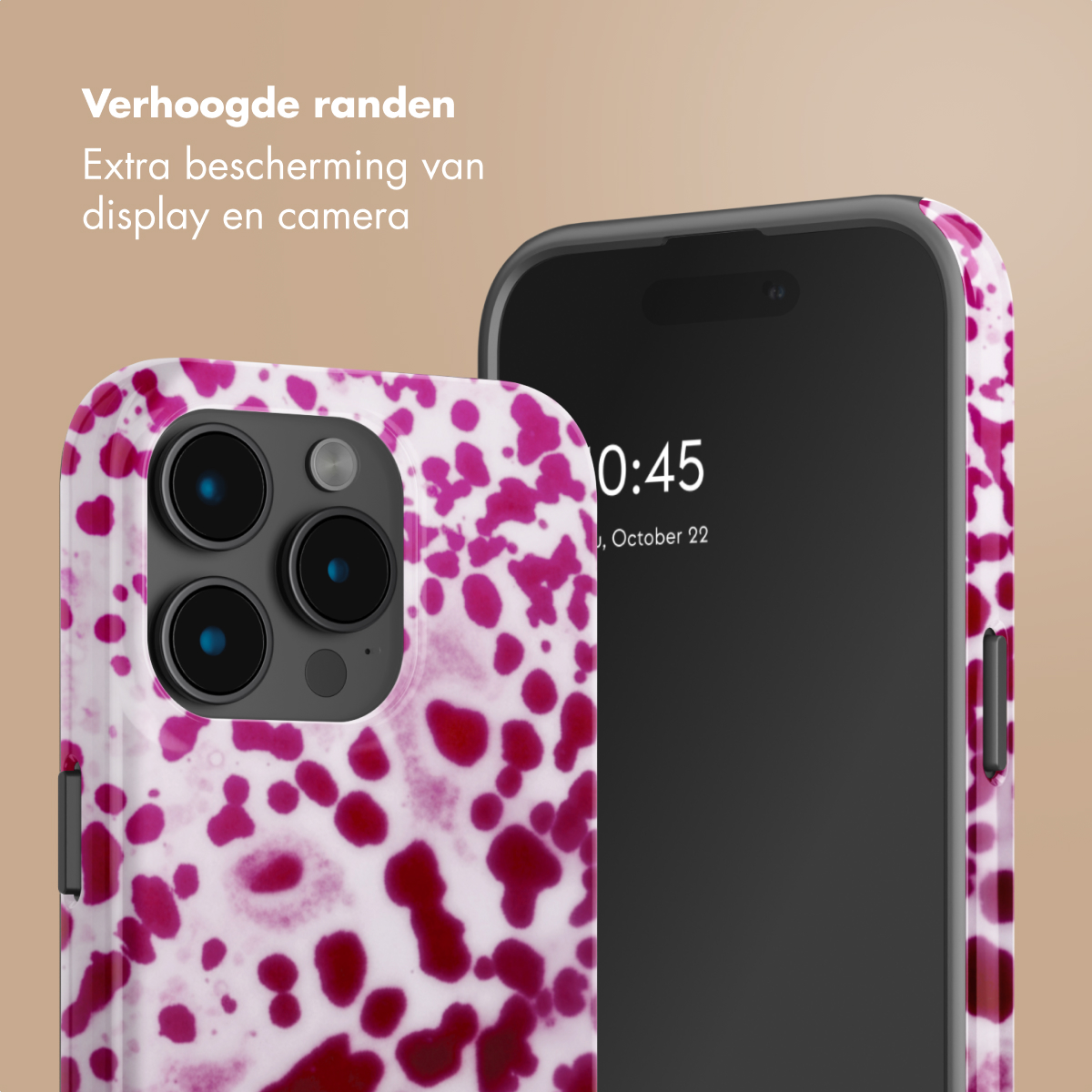 Un telefono con cover a macchie rosa e bianche. Bordi rialzati.