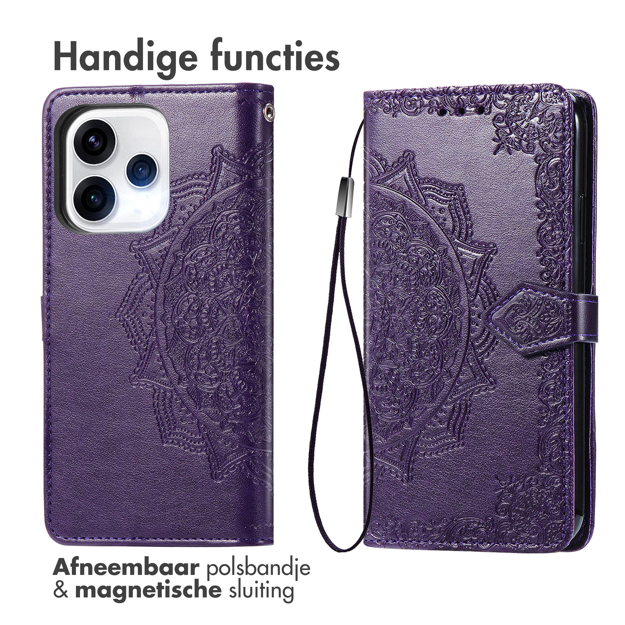 Custodia viola per telefono con mandala in rilievo, cinturino e chiusura magnetica.