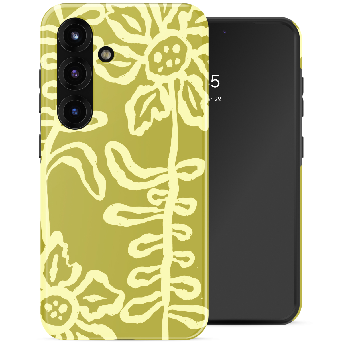 Geel telefoonhoesje met bloemenpatroon, naast een zwarte smartphone.