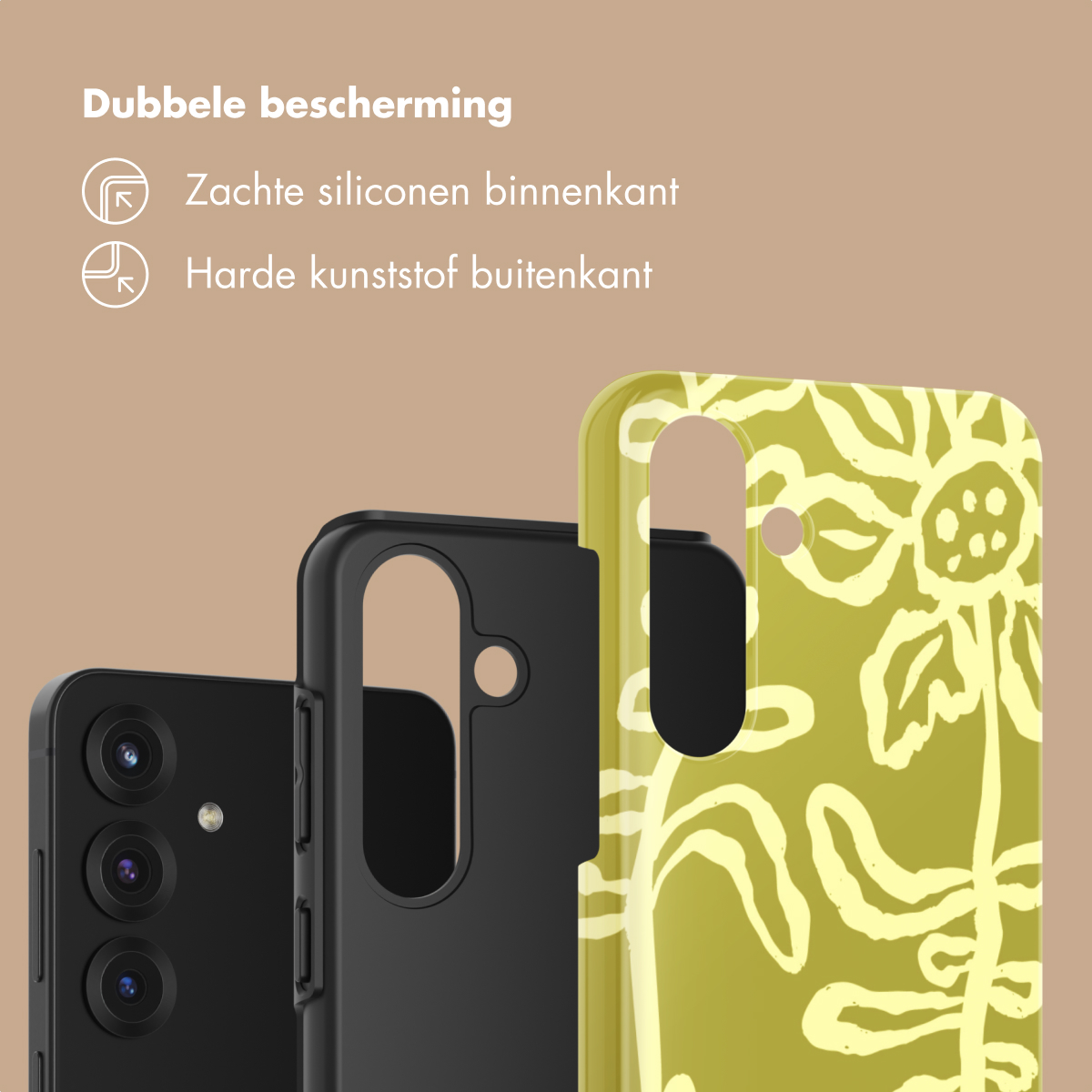 Tre custodie per telefono: una nera con tre fotocamere, una custodia nera e una custodia verde floreale.
