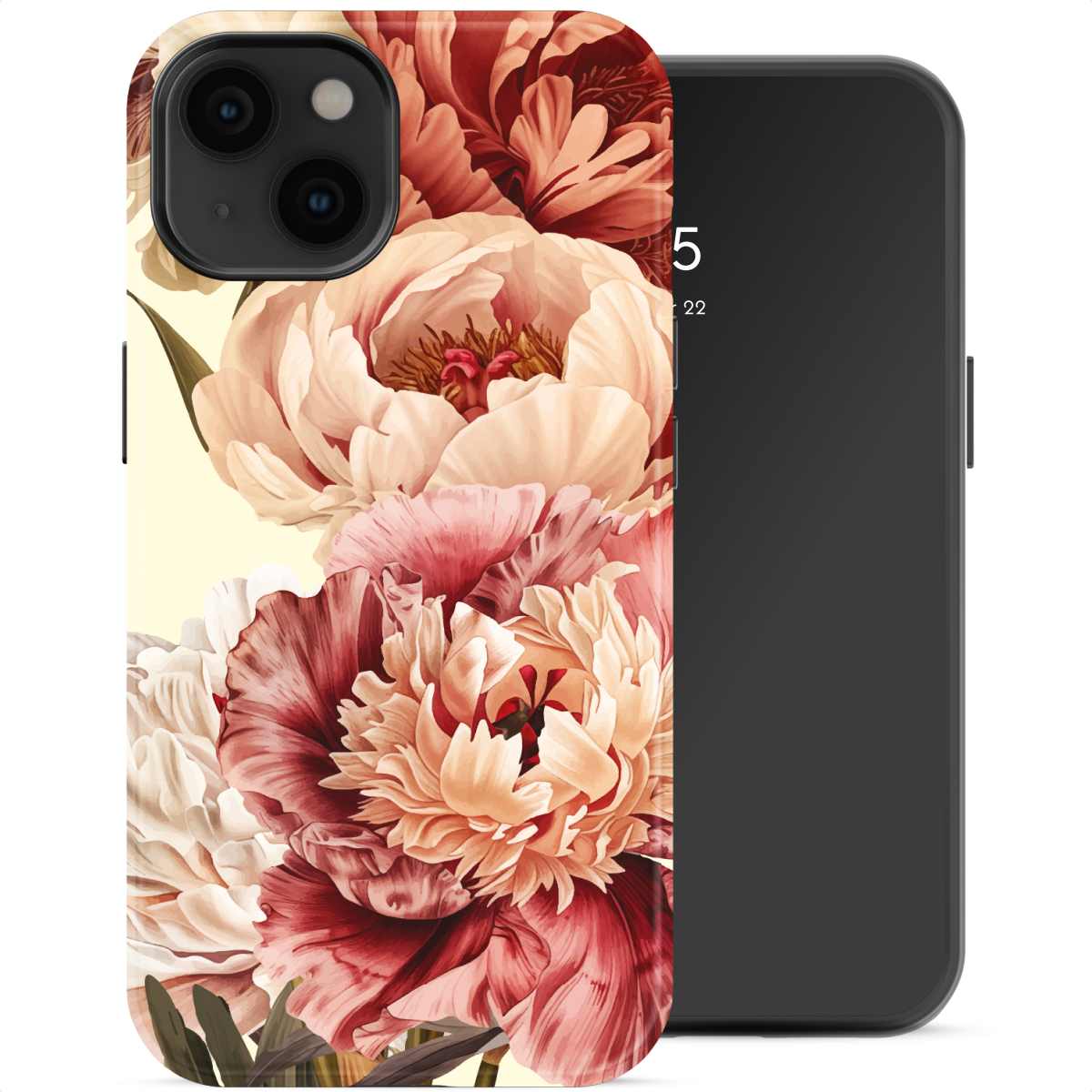 Une coque de téléphone ornée d'un motif floral de pivoines roses et rouges sur fond jaune.