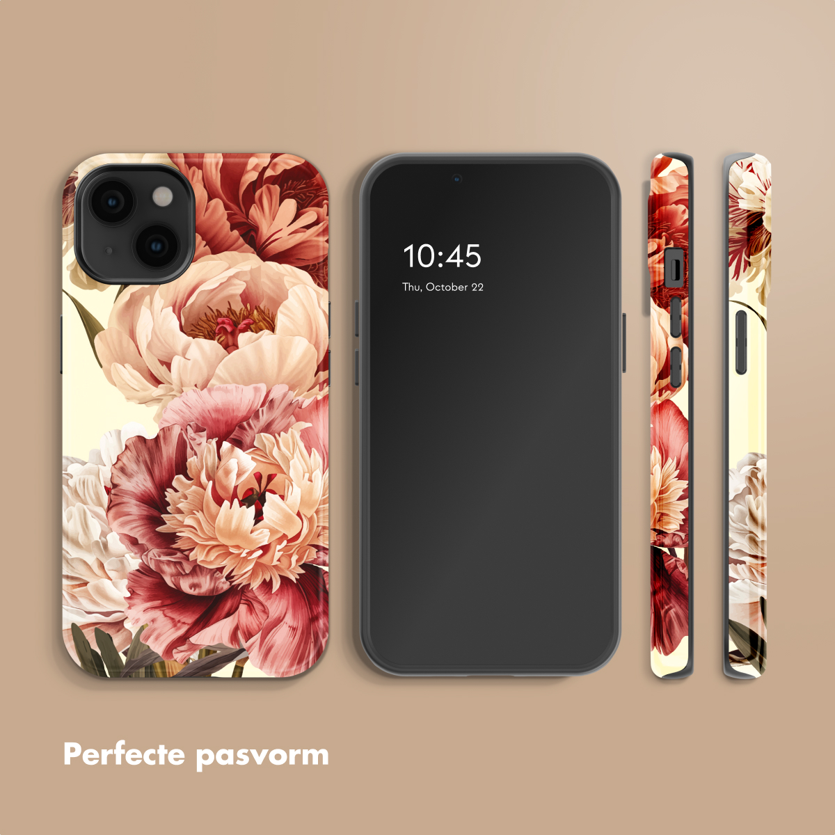 Un smartphone avec un étui orné de motifs floraux rouges et crème.
