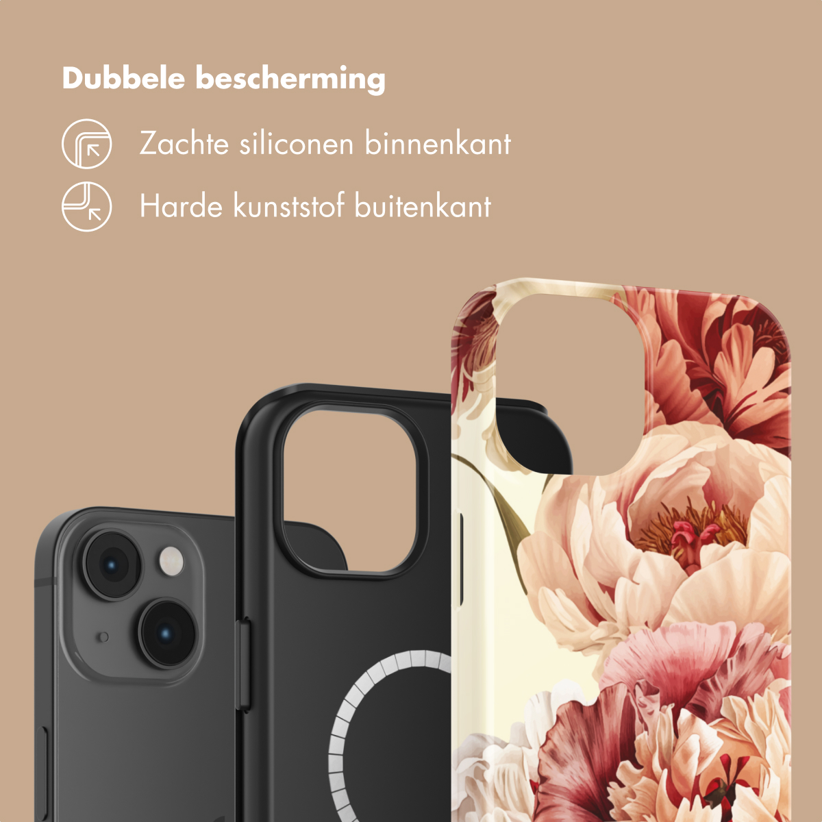 Uno smartphone con due custodie protettive. Una custodia nera e una con motivo floreale.