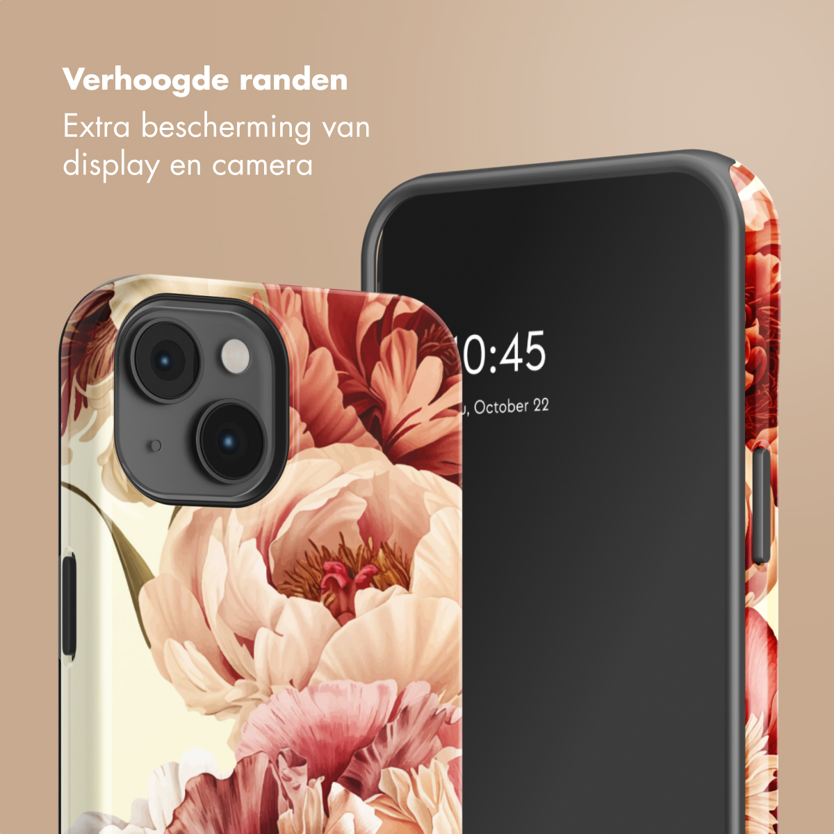 Uno smartphone con cover floreale, con bordi rialzati per protezione.