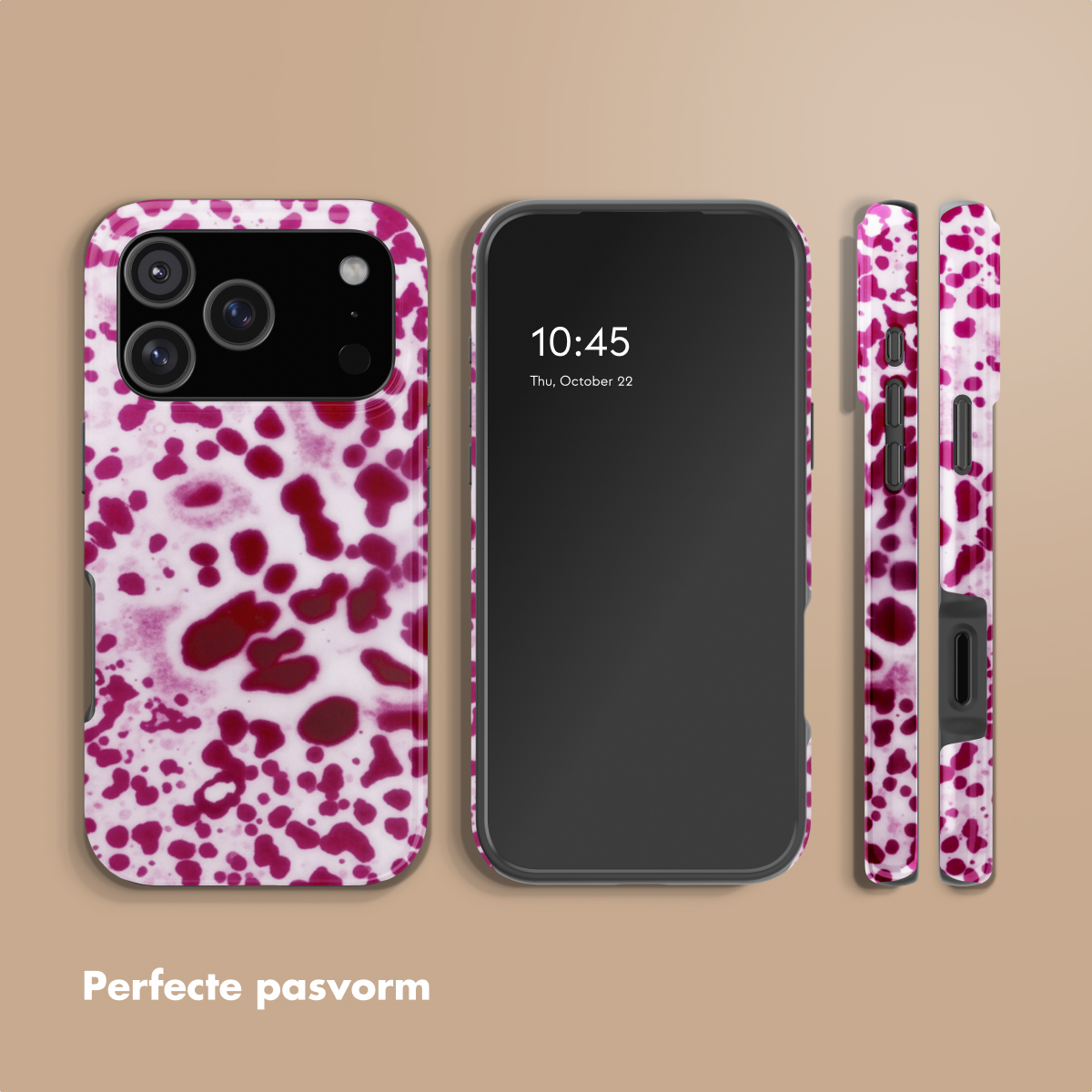Telefoonhoesje met abstract patroon in roze en rood, getoond op telefoon.