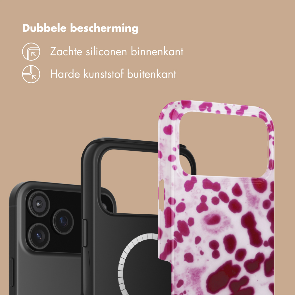 Due cover per telefono, una nera e una con motivo marmorizzato rosa e bianco.