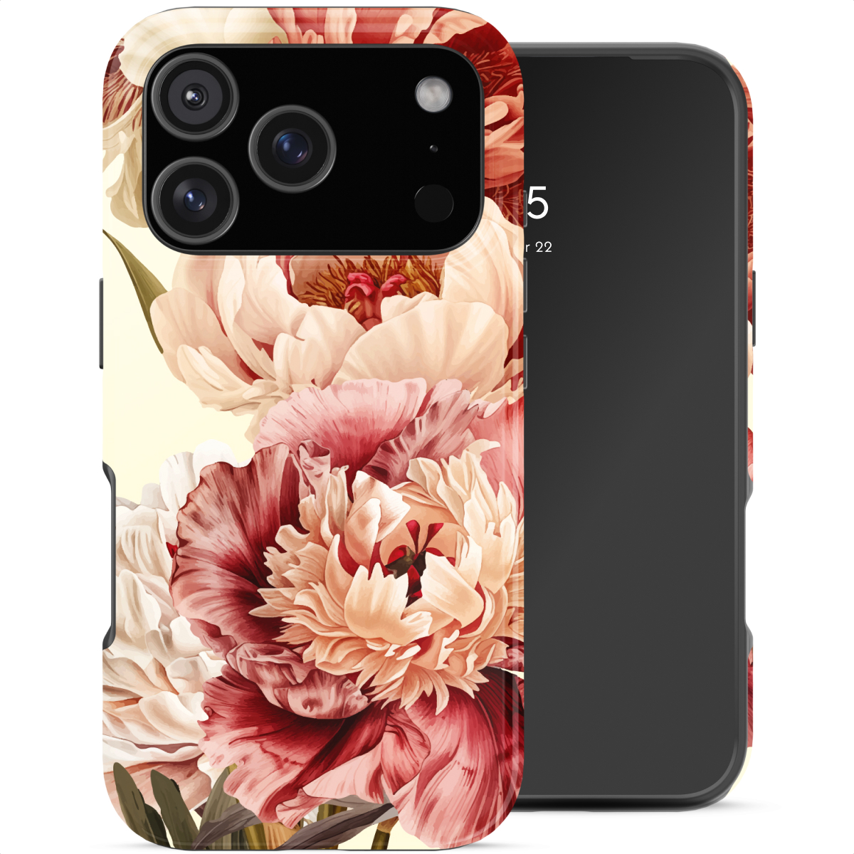 Een smartphone met een hoes versierd met weelderige rode en crèmekleurige pioenrozen.