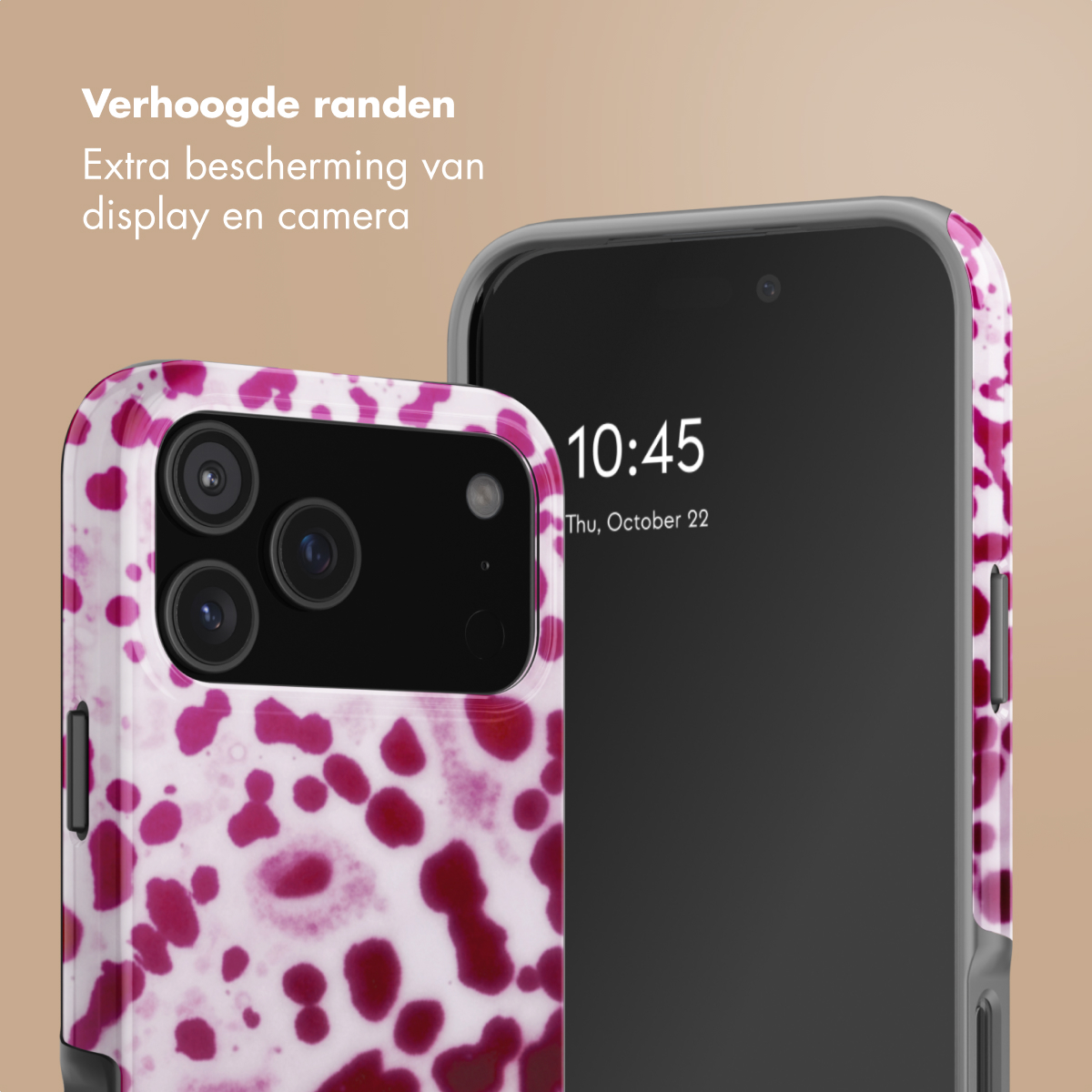 Een telefoon met levendige hoes. Verhoogde randen beschermen scherm en camera.