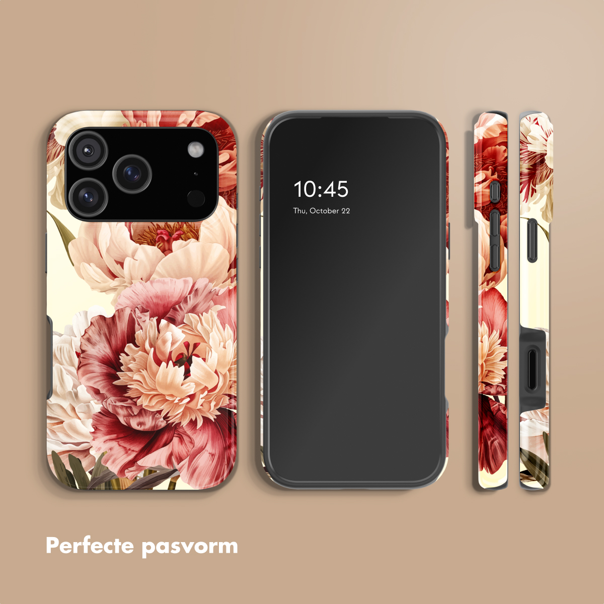 Een smartphone met een rood-crème bloemenpatroon telefoonhoesje.