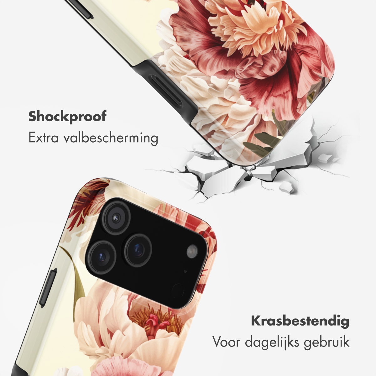Telefoonhoes met bloemenpatroon valt en breekt de vloer.