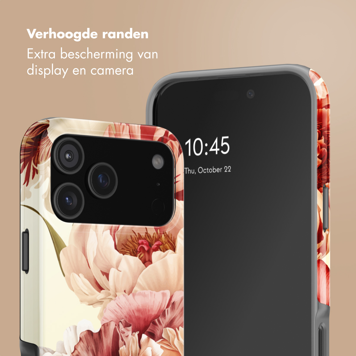 Een telefoonhoesje met bloemenpatroon. De hoes heeft verhoogde randen.