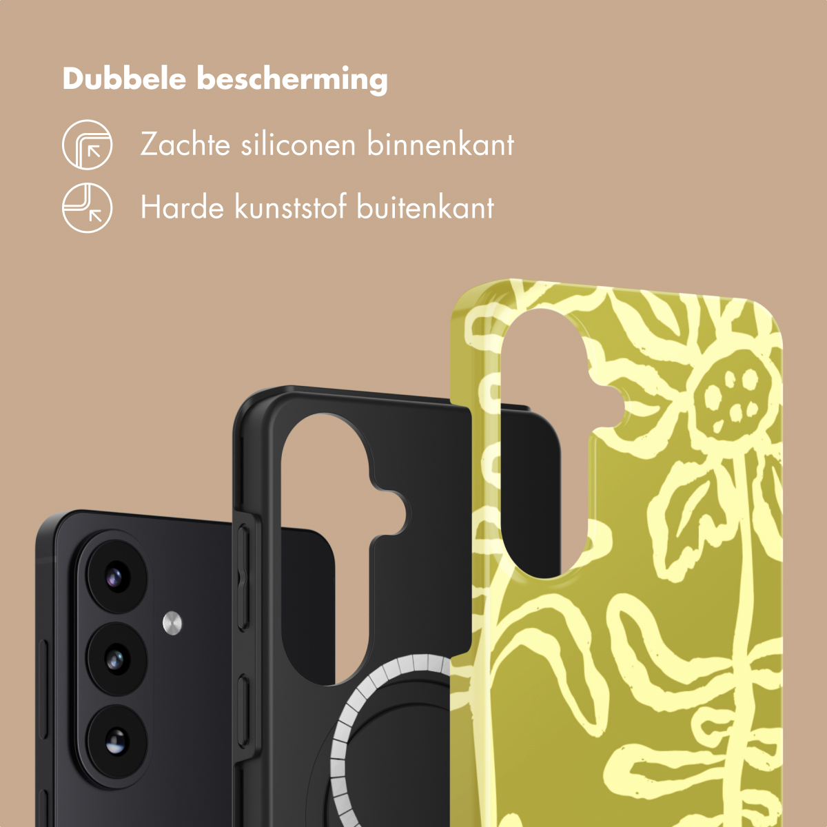 Een zwarte smartphone met een olijfgroene hoes met bloemenpatroon.