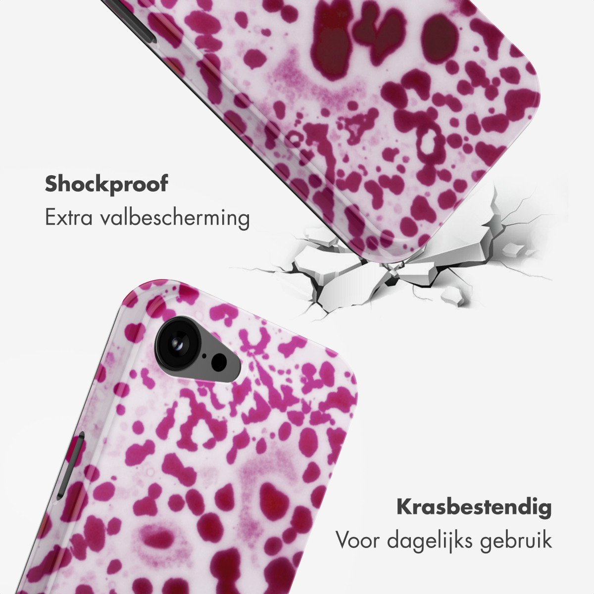 Deux coques de téléphone avec un motif violet tombant sur une surface fissurée.