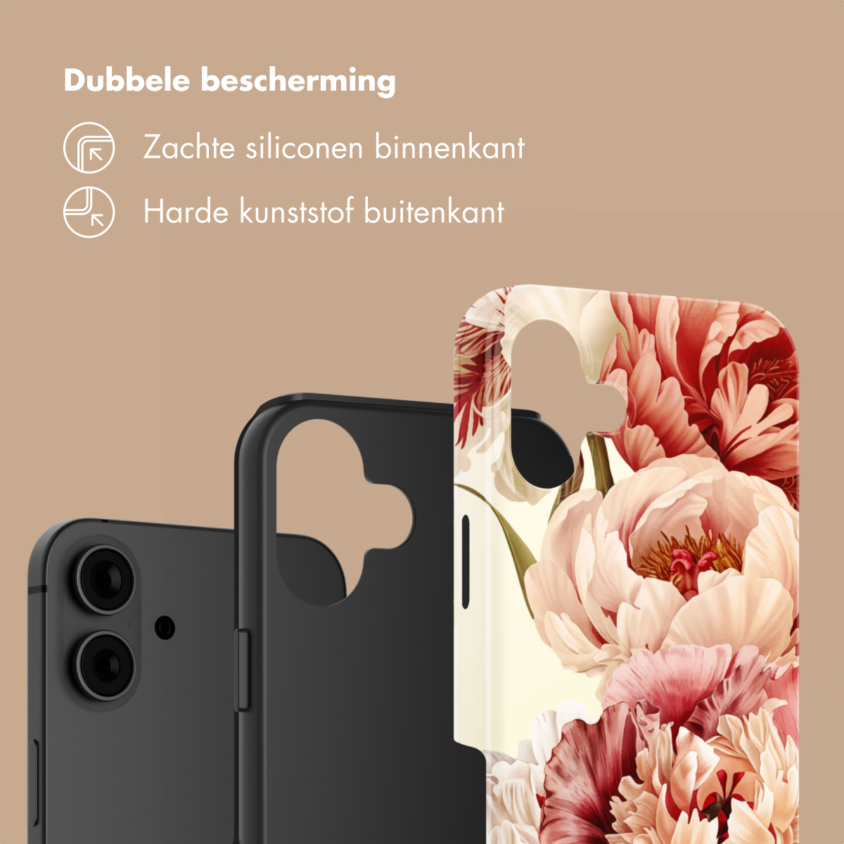 Coque de téléphone noire à motif floral. Description double protection.