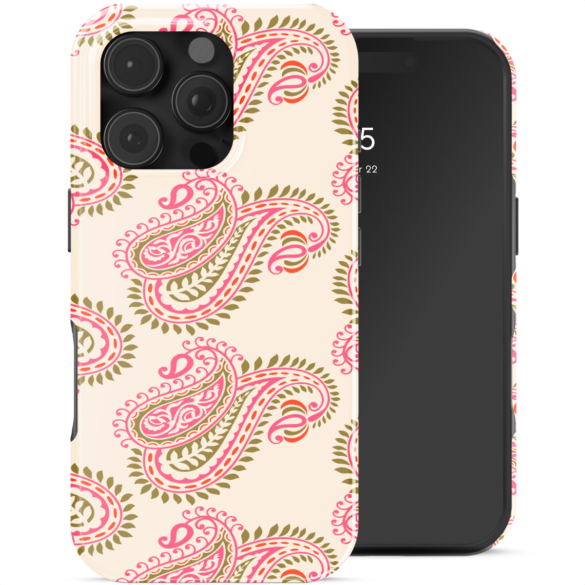 Een telefoon met een hoesje met roze en groen paisley-patroon op crème achtergrond.
