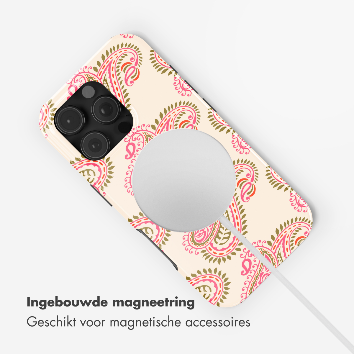 Custodia per telefono beige con motivo paisley rosa e verde. Anello magnetico visibile.