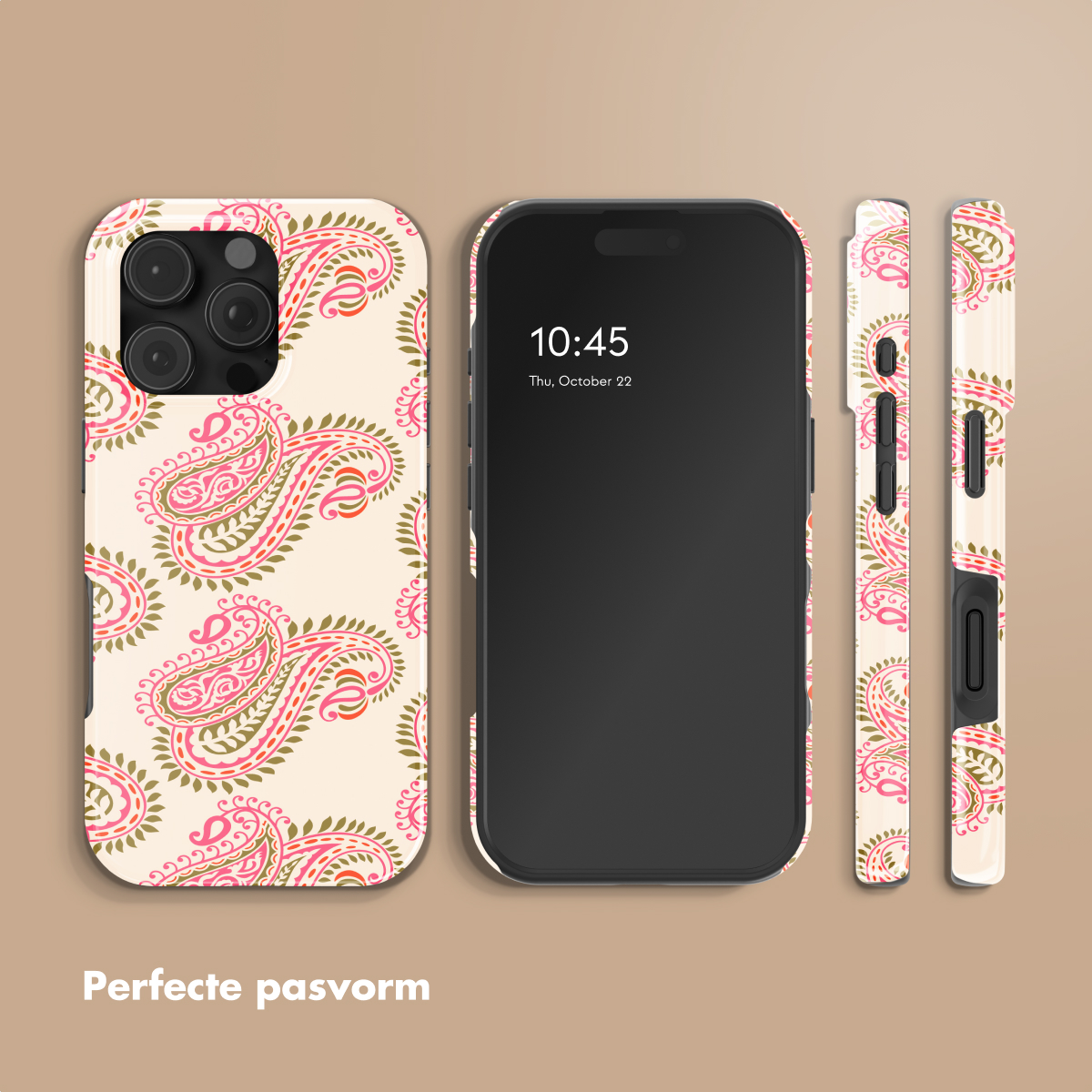 Telefoonhoesje met roze en groen paisley patroon, naast een smartphone.