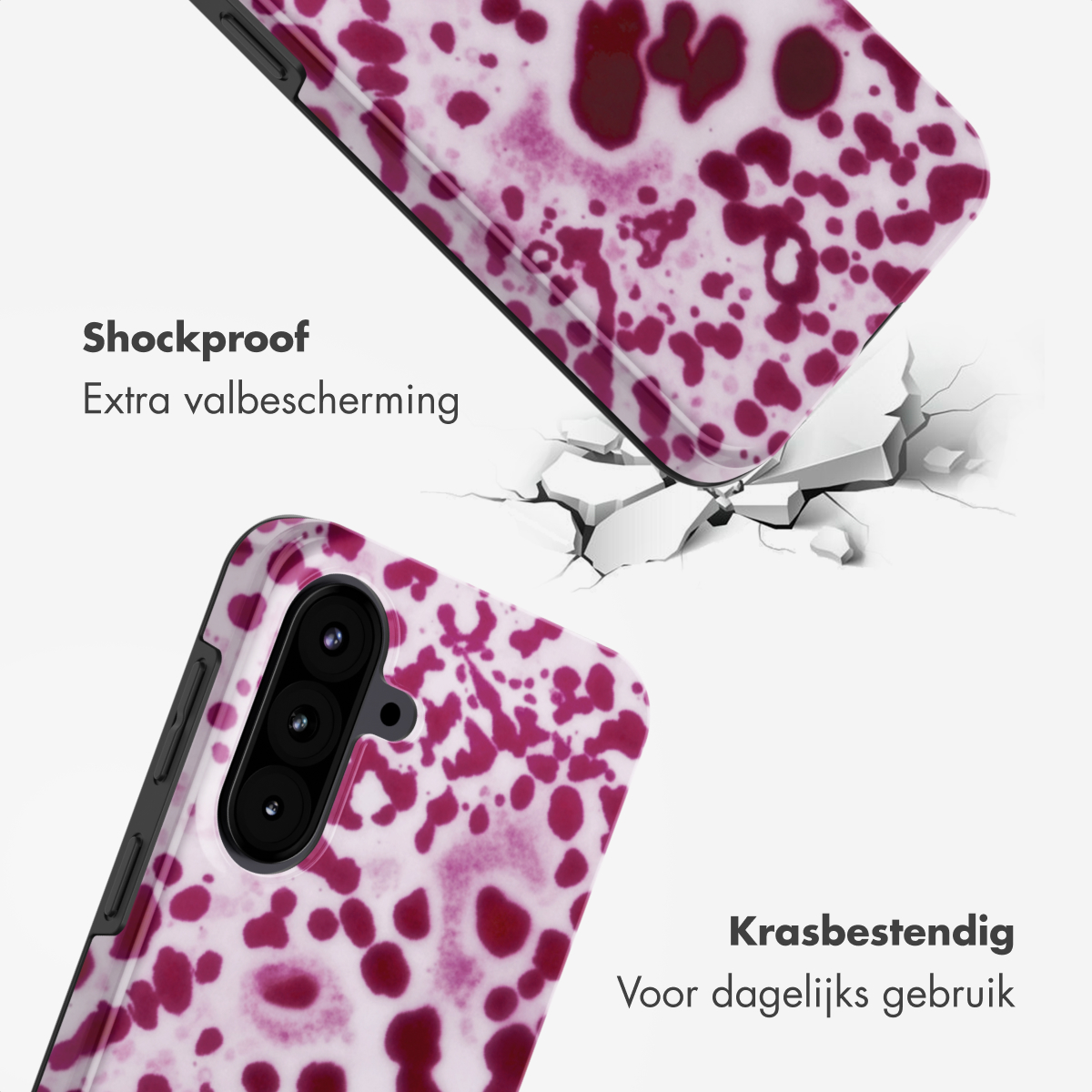 Telefoonhoes met spetterpatroon valt en breekt de vloer.