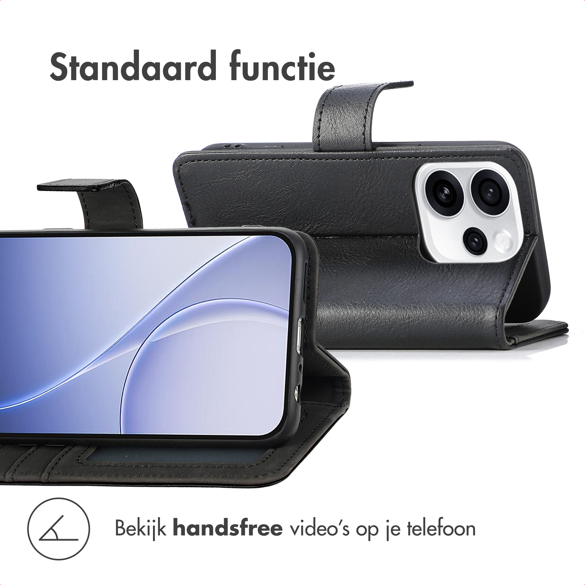 Custodia a libro in pelle nera per smartphone con funzione stand e foro fotocamera.