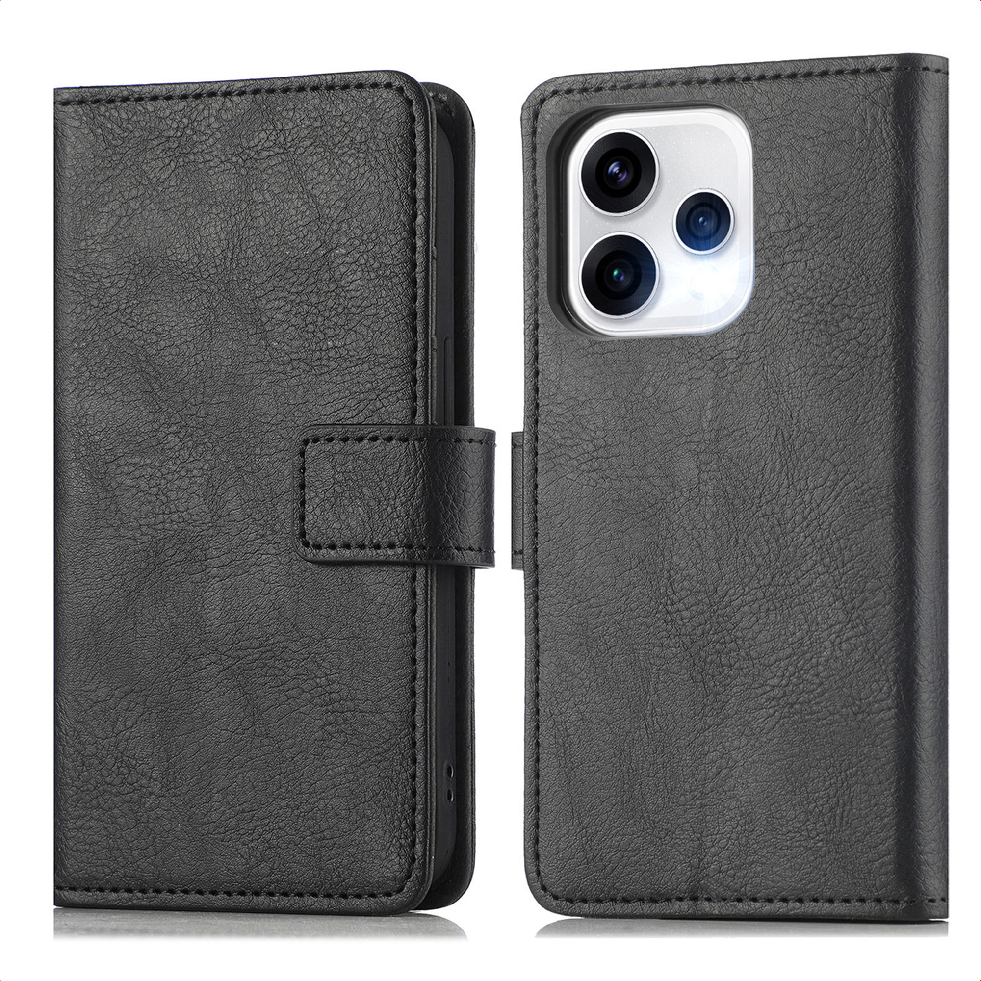 Zwarte kunstlederen flip case voor smartphone met drie cameralenzen.