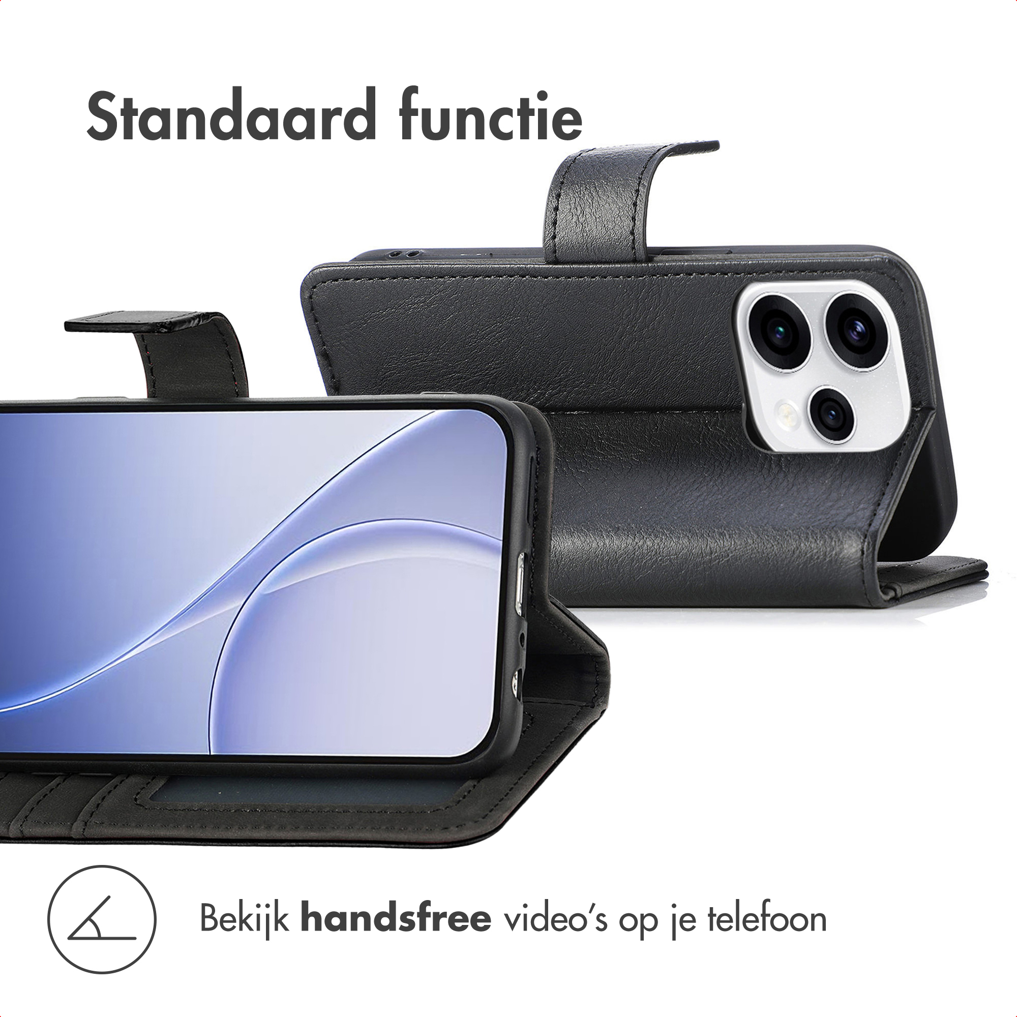 Zwarte telefoonhoes open, toont telefoon en cameramodule.