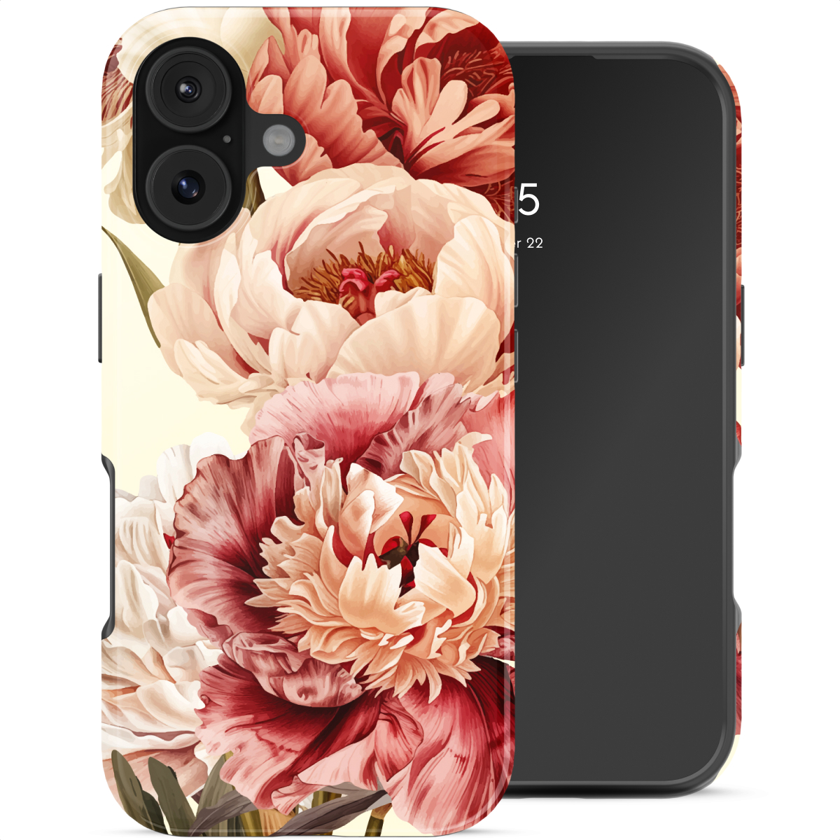Uno smartphone con un design floreale di peonie rosse e rosa.